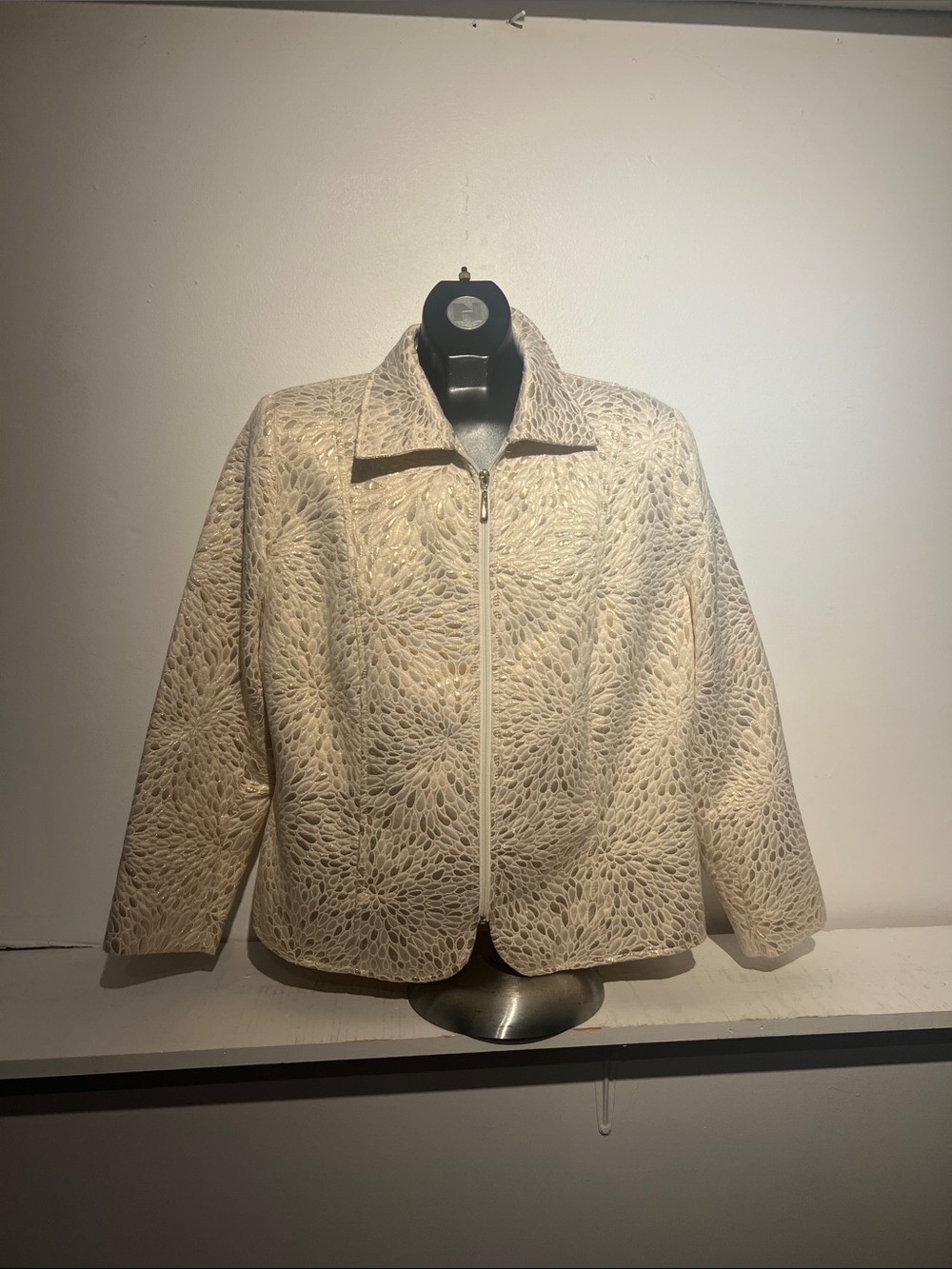 Textured Cream Zip-Front Leather Jacket